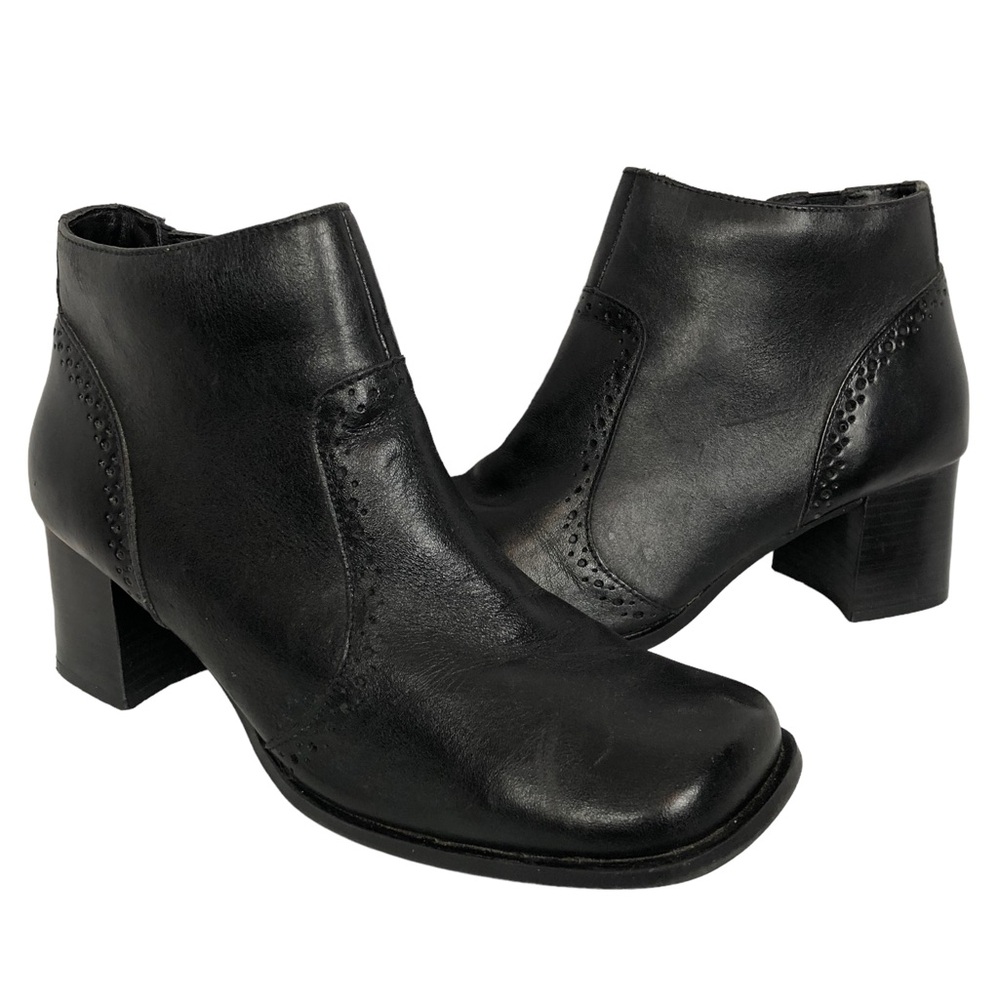 Vintage Thom McAn Black Leather‎ Y2K Square Toe Ankle Boots Booties Block Heel 9